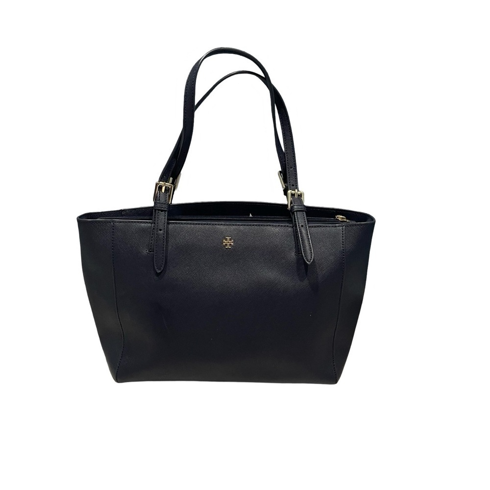 Tory Burch Saffiano leather medium Navy Blue top zip tote with material inside.
